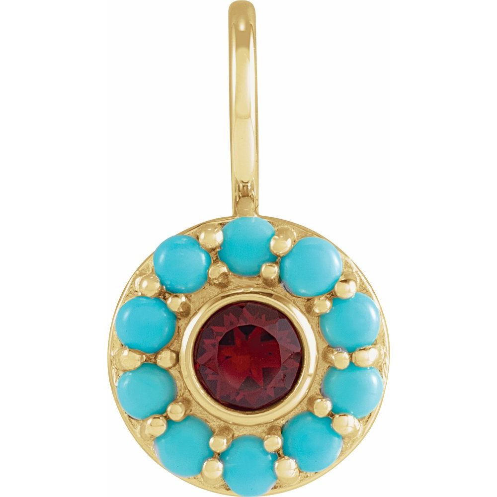 Impress 14K Yellow Gold Natural Mozambique Garnet And Natural Turquoise Halo Style Charmpendant