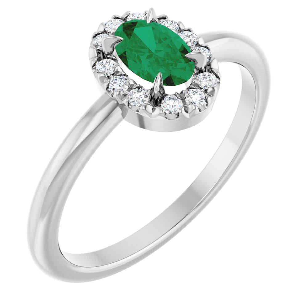 Lab-Grown Emerald & 1/10 CTW Natural Diamond French-Set Halo-Style Ring (Style 72376)