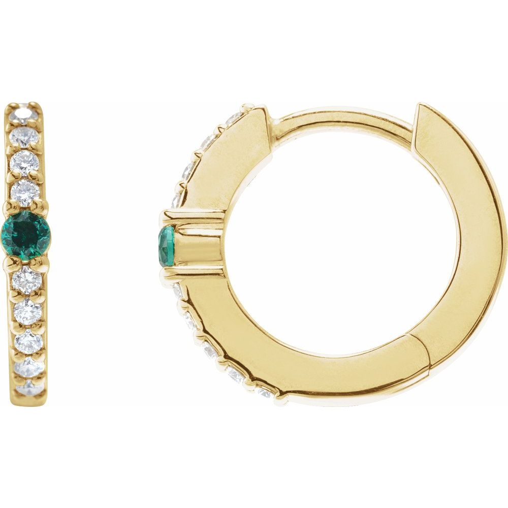 14K Yellow Gold Natural Emerald & 1/8 CTW Natural Diamond 13.6 mm Hoop Earring
