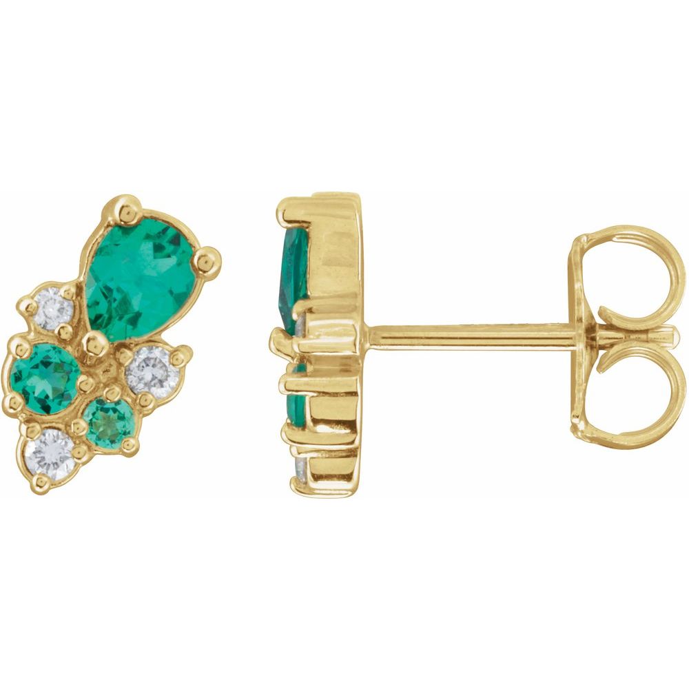 14K Yellow Gold Lab-Grown Emerald & .07 CTW Lab-Grown Diamond Cluster Earrings
