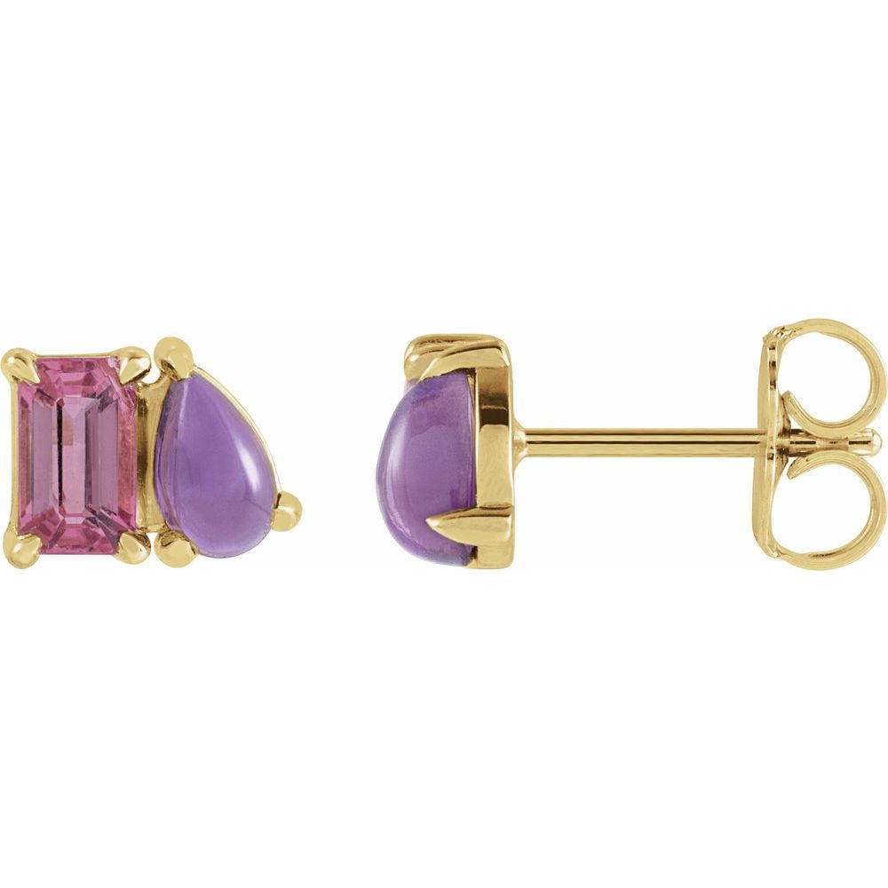 14K Yellow Gold Natural Pink Tourmaline & Natural Amethyst Two-Stone Stud Earrings