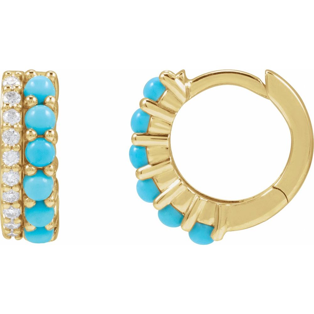 14K Yellow Gold Natural Turquoise & 1/8 CTW Natural Diamond Huggie Hoop Earrings