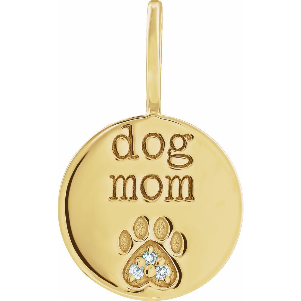 14K Yellow Gold .01 CTW Natural Diamond Engraved Dog Mom Paw Print Charm/Pendant