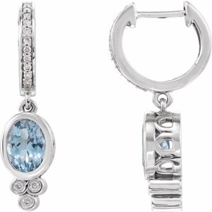 Natural Aquamarine And 1/6 Ctw Natural Diamond Dangle Hoop Earrings (Style 86533)