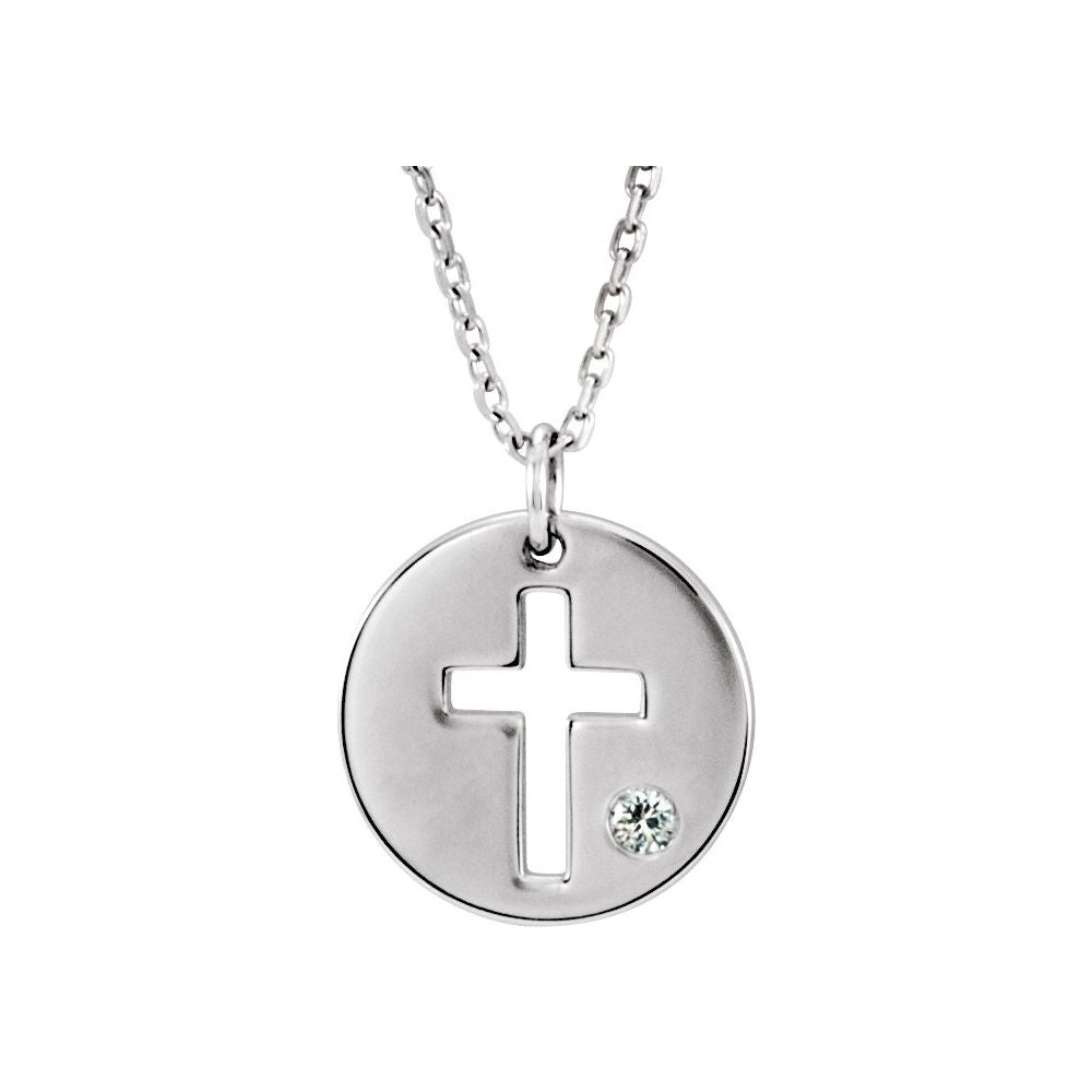 14K White .03 CT Natural Diamond Pierced Cross Disc 16-18" Necklace