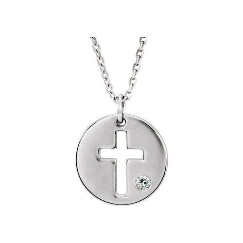 14K White .03 CT Natural Diamond Pierced Cross Disc 16-18" Necklace