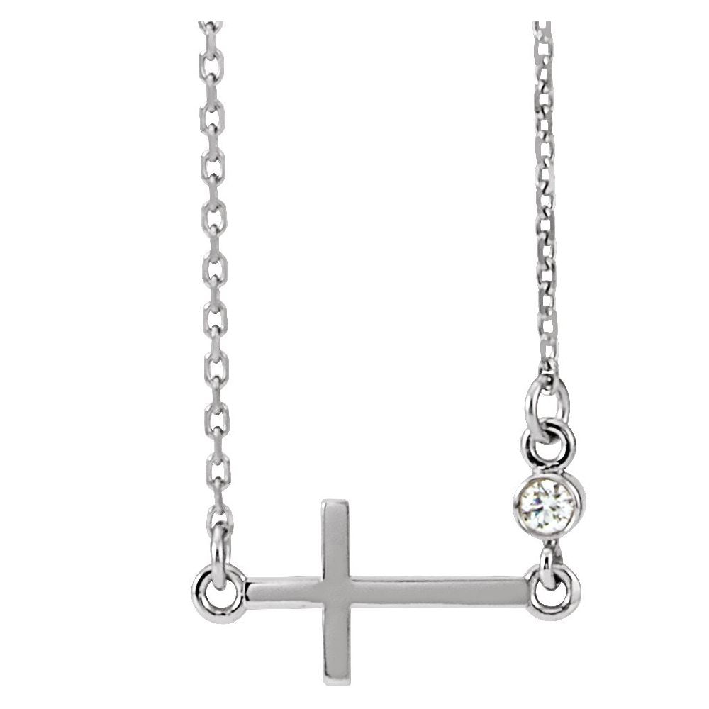 14K White .03 CTW Natural Diamond Sideways Cross 16-18" Necklace