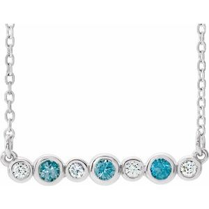 Natural Blue Zircon And .08 Ctw Natural Diamond Bar Necklace (Style 86706)