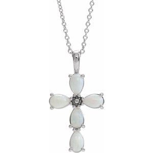 Natural Cabochon White Opal Cross Necklace (Style R42378)