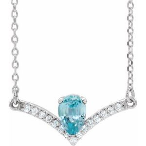 Natural Blue Zircon And .06 Ctw Natural Diamond Necklace (Style 86814)