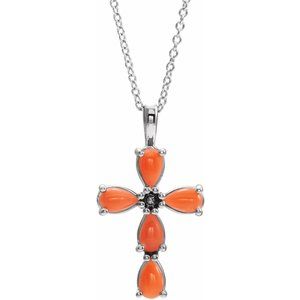 Natural Cabochon Pink Coral Cross Necklace (Style R42378)