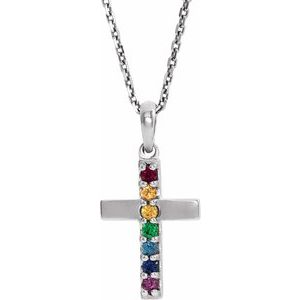 Natural Multi-Colored Gemstone Cross Necklace (Style R42381)