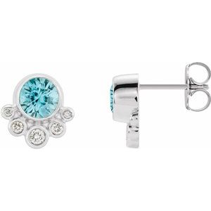 Natural Blue Zircon And 1/8 Ctw Natural Diamond Earrings (Style 86777)