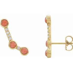 Natural Pink Coral And .08 Ctw Natural Diamond Ear Climbers (Style 87021)