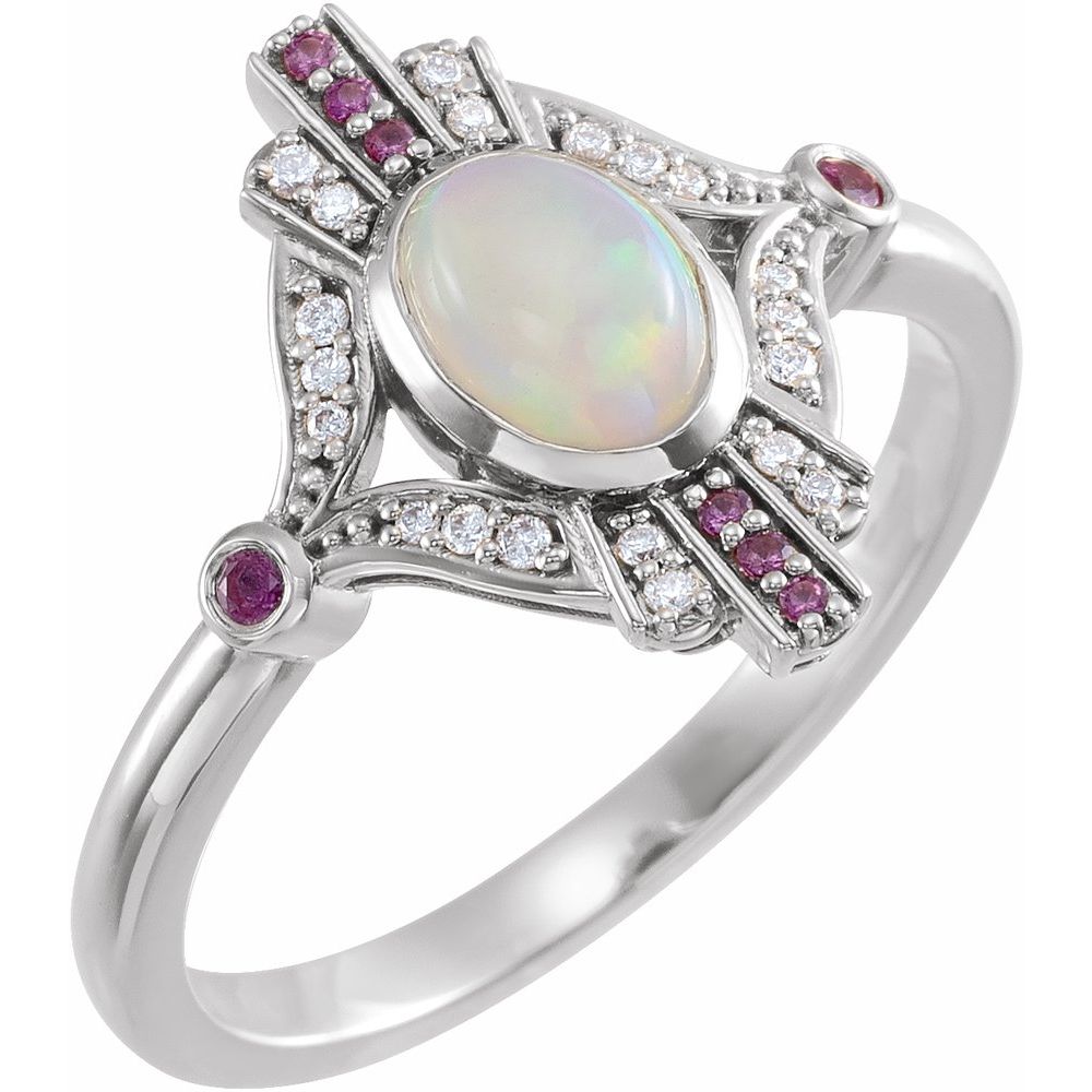 Natural Ethiopian Opal, Natural Pink Sapphire & .06 CTW Natural Diamond Cabochon Ring (Style 72093)