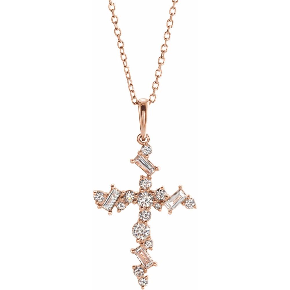 14K Rose 1/2 CTW Natural Diamond Scattered Cross 16-18" Necklace