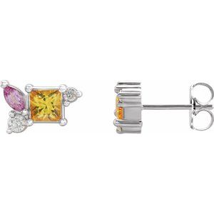 Natural Pink Sapphire, Yellow Sapphire And 1/8 Ctw Natural Diamond Earrings (Style 87140)