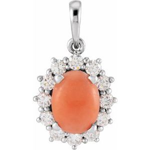 Natural Pink Coral And 1/3 Ctw Natual Diamond Halo-Style Cabochon Pendant (Style 86925)