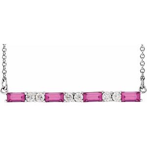 Natural Pink Tourmaline And 1/6 Ctw Natural Diamond Bar Necklace (Style 86790)
