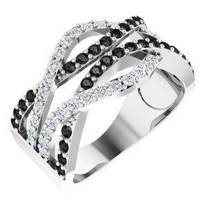 14K White Gold 1 CTW Natural Black and White Diamond Interlocking Ring (Style 68325)