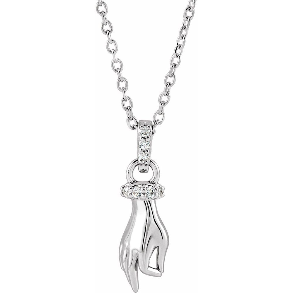 14K White .05 CTW Natural Diamond Hand of Buddha 16-18" Necklace