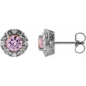 Natural Pink Tourmaline And 1/6 Ctw Natural Diamond Earrings (Style 87135)