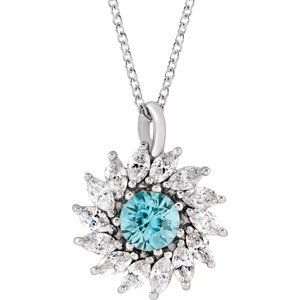 Natural Blue Zircon And 1/2 Ctw Natural Diamond Halo-Style Necklace (Style 87232)