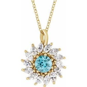 Natural Blue Zircon And 5/8 Ctw Natural Diamond Halo-Style Necklace (Style 87232)