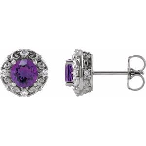 Natural Amethyst And 1/10 Ctw Natural Diamond Earrings (Style 87135)