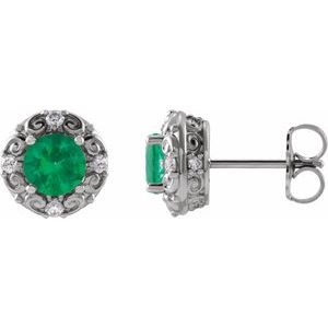 Natural Emerald And 1/6 Ctw Natural Diamond Earrings (Style 87135)