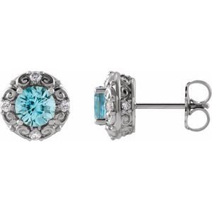 Natural Blue Zircon And 1/6 Ctw Natural Diamond Earrings (Style 87135)