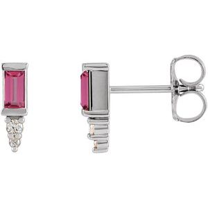 Natural Pink Tourmaline And .03 Ctw Natural Diamond Bar Earrings (Style 87523)