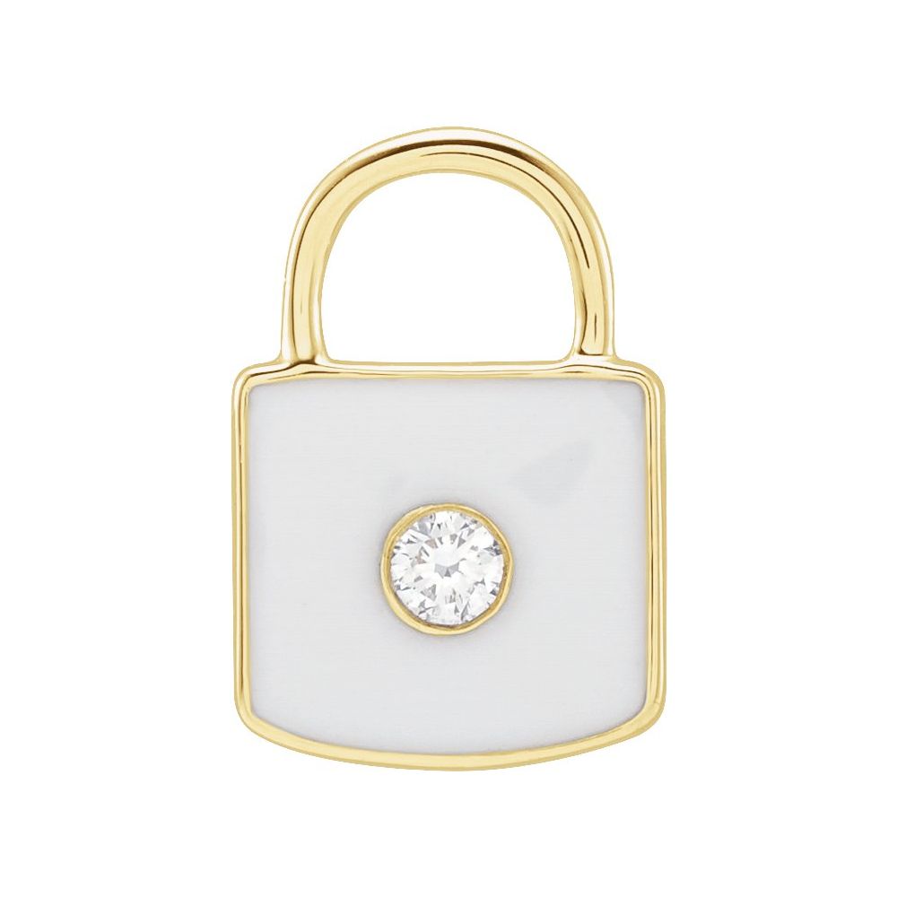 14K Yellow Gold .035 CT Natural Diamond & White Enamel Lock Charm/Pendant