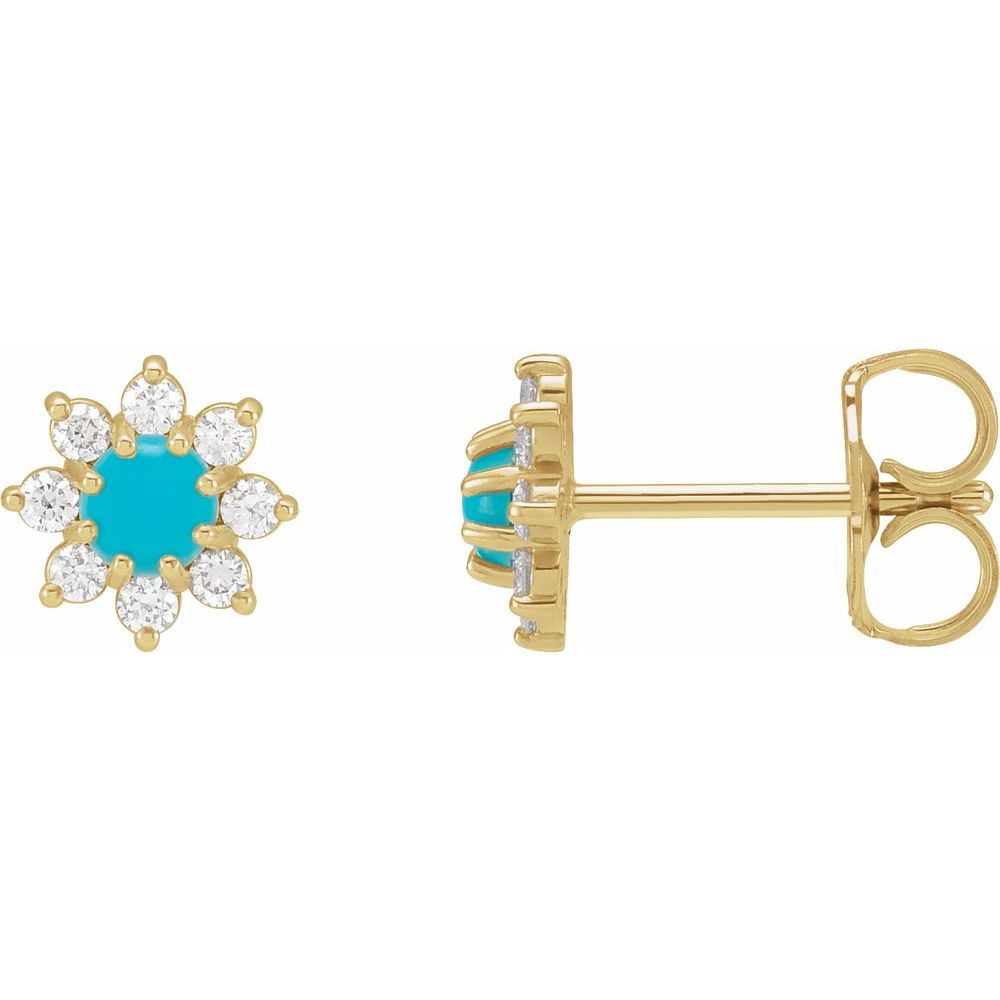 14K Yellow Gold Natural Turquoise & 1/8 CTW Natural Diamond Flower Earrings