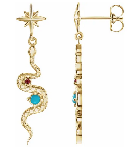 14K Yellow Natural Turquoise & Natural Ruby Snake Earrings Item # 88303:107:P