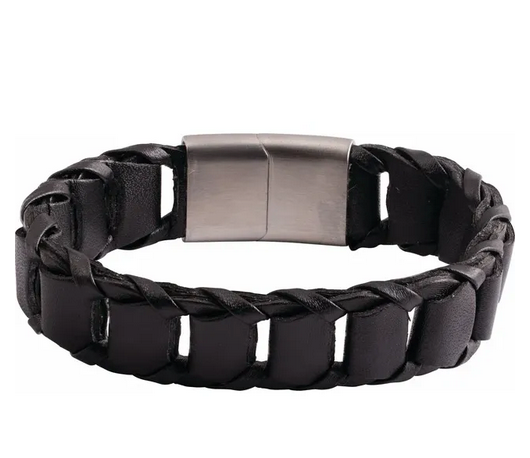 Stainless Steel 17 mm Black Leather 8" Bracelet Item # BRC947:100:P