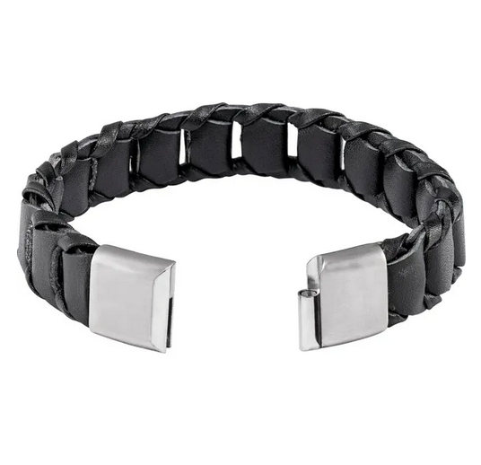 Stainless Steel 17 mm Black Leather 8" Bracelet Item # BRC947:100:P