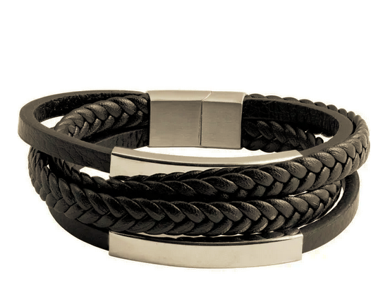 Stainless Steel 11 mm Black Leather Multi-Strand 8" Bracelet Item # BRC948:100:P