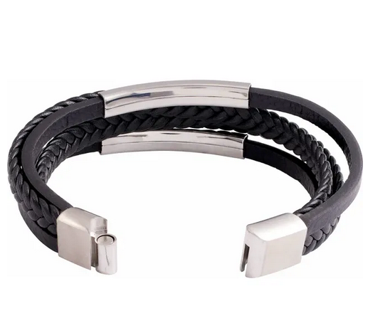 Stainless Steel 11 mm Black Leather Multi-Strand 8" Bracelet Item # BRC948:100:P