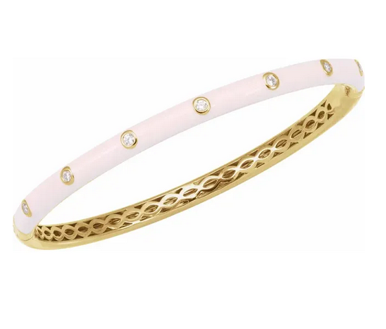 14K Yellow 1/5 CTW Natural Diamond & Pink Enamel 7" Bangle Bracelet Item # BRC958:600:P