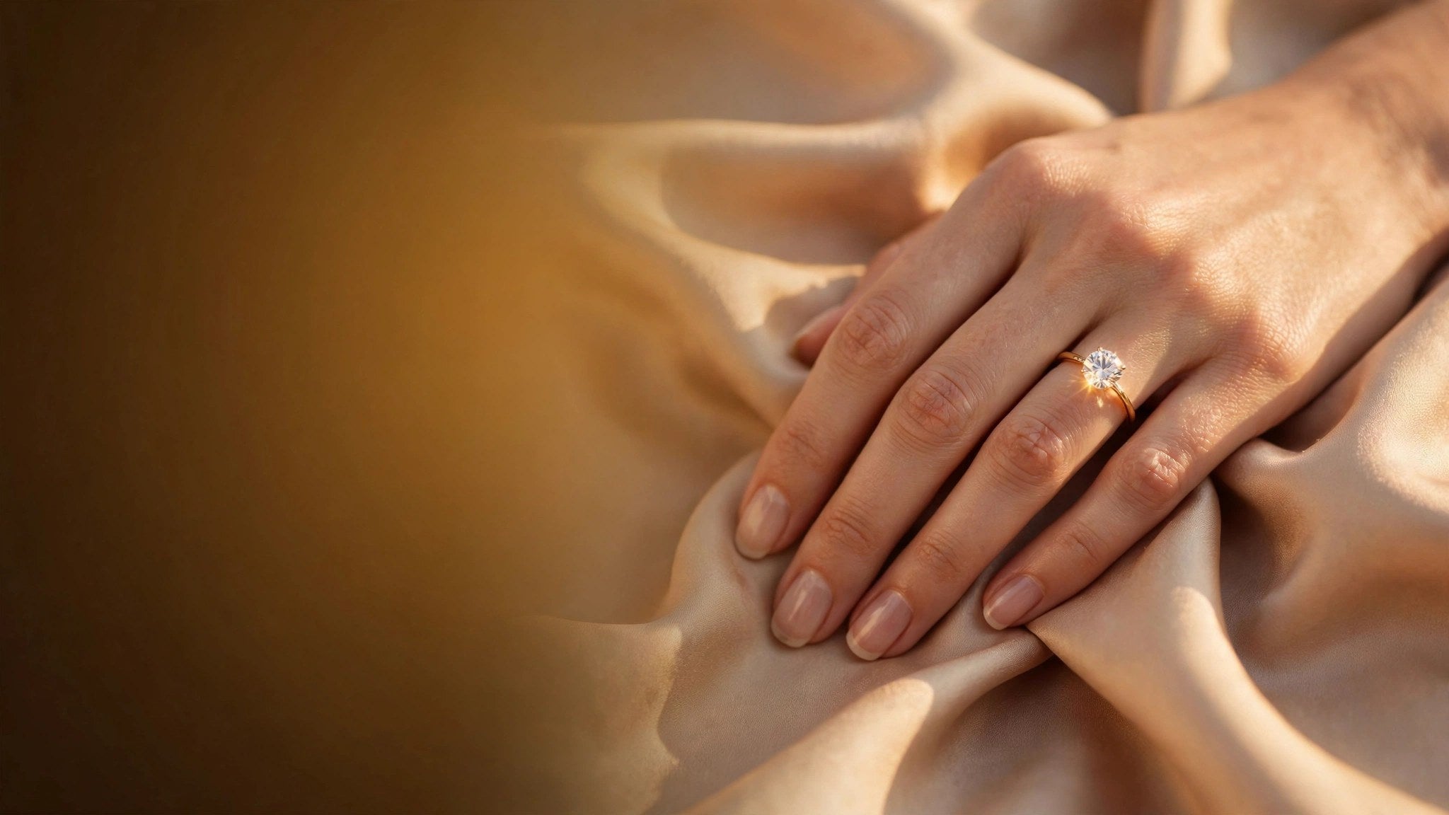 Woman's hand wearing a gold diamond ring on silk — Mia Jewelry fine jewelry